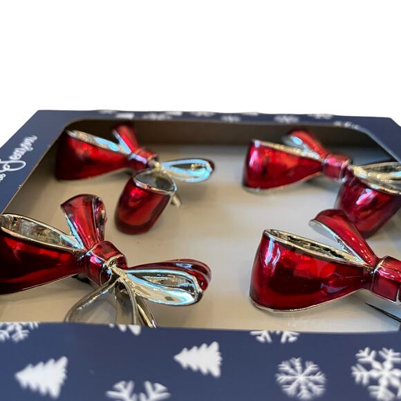 Christmas RED BOW Napkin Rings Set of 4 Silver Holiday Glam Cherish the Season - Picture 3 of 7